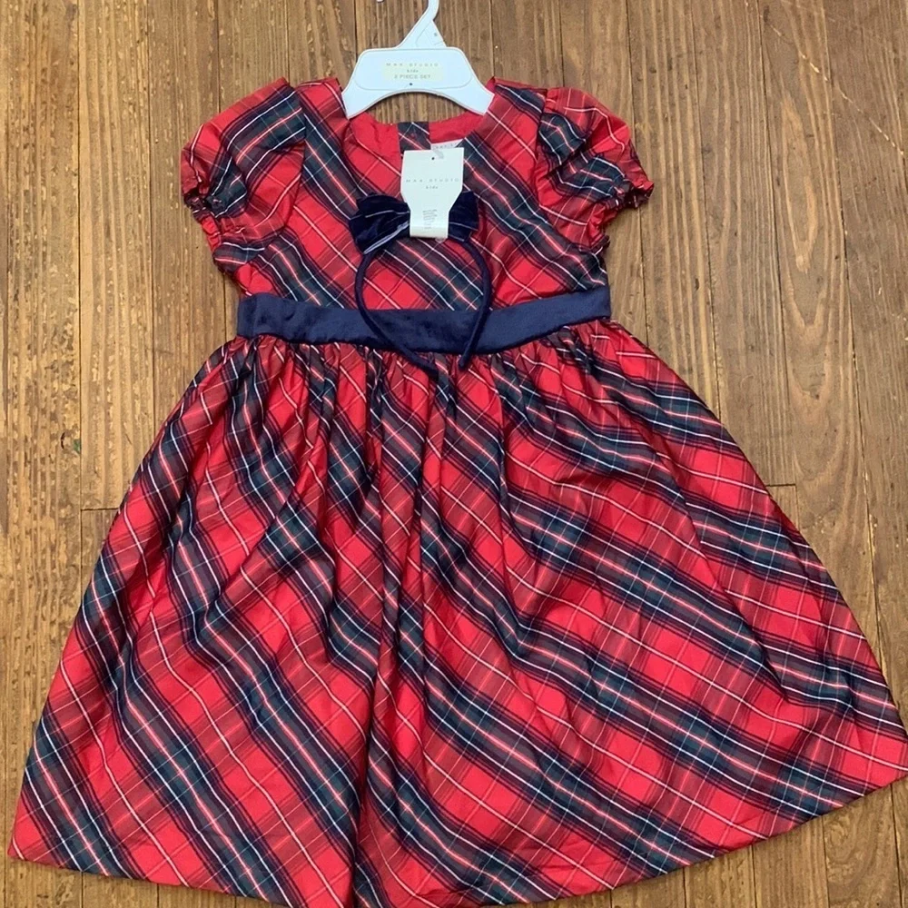 Max Studio Girl's Red Tartan Plaid Holiday Christmas Dress & Headband NEW 8